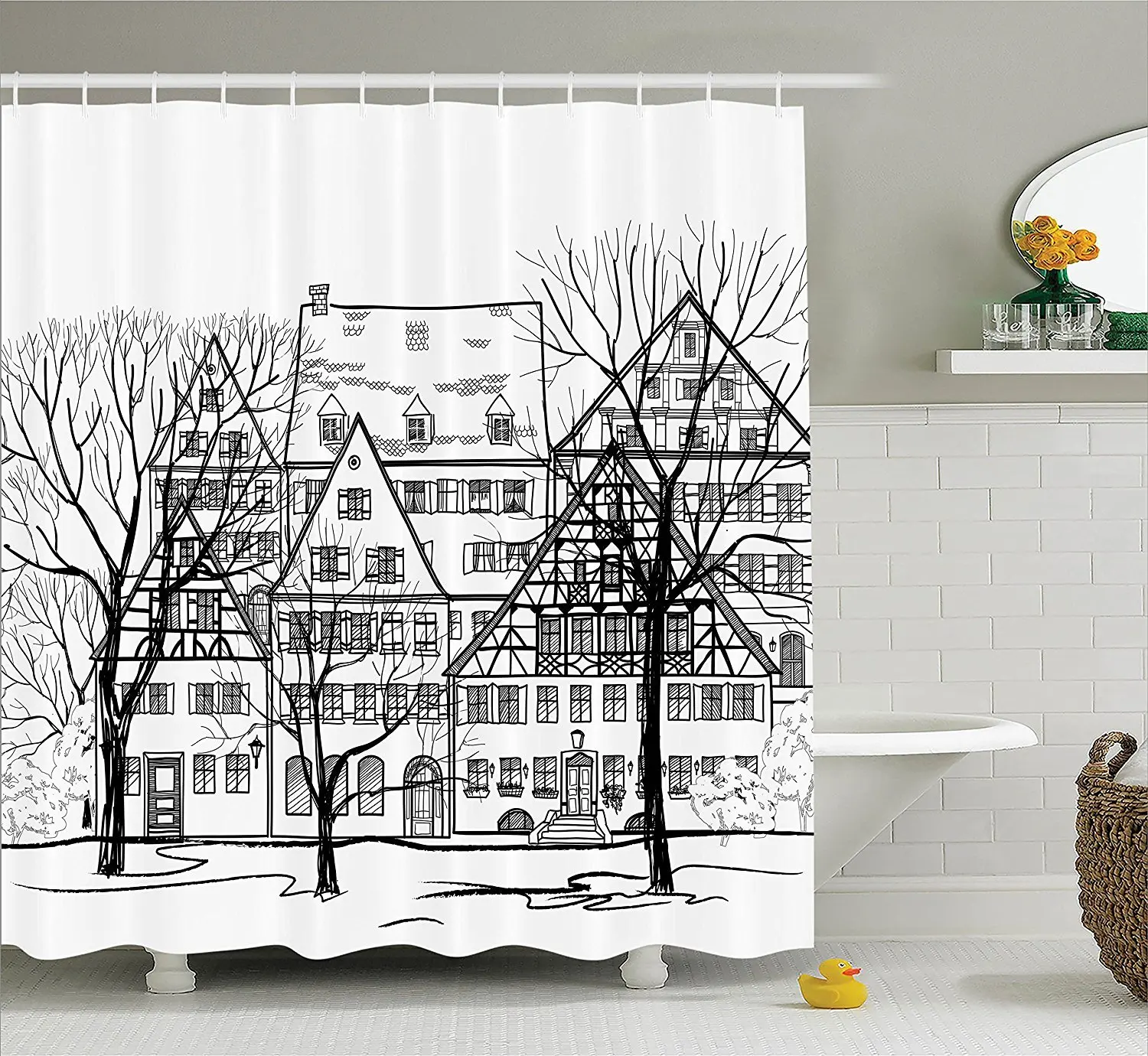 

Wanderlust Decor Shower Curtain Set Fall Season Cityscape Old European Town Street Hand Drawn Effect Illustration Print Bathroom