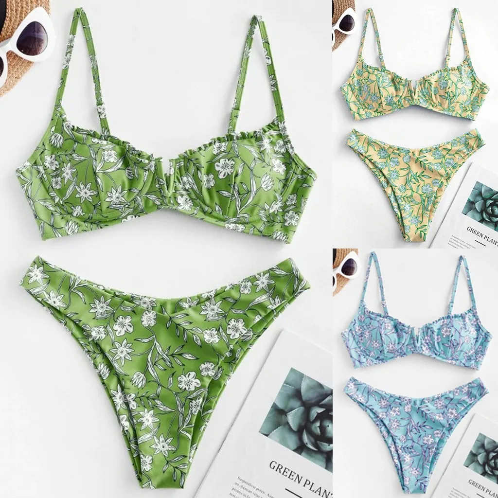 

SAGACE Cute Swimsuit Women Sexy Floral Print High Cut V Neck Bikini Swimwear Female Fashion Print Push Up Bathers Bathing Suit