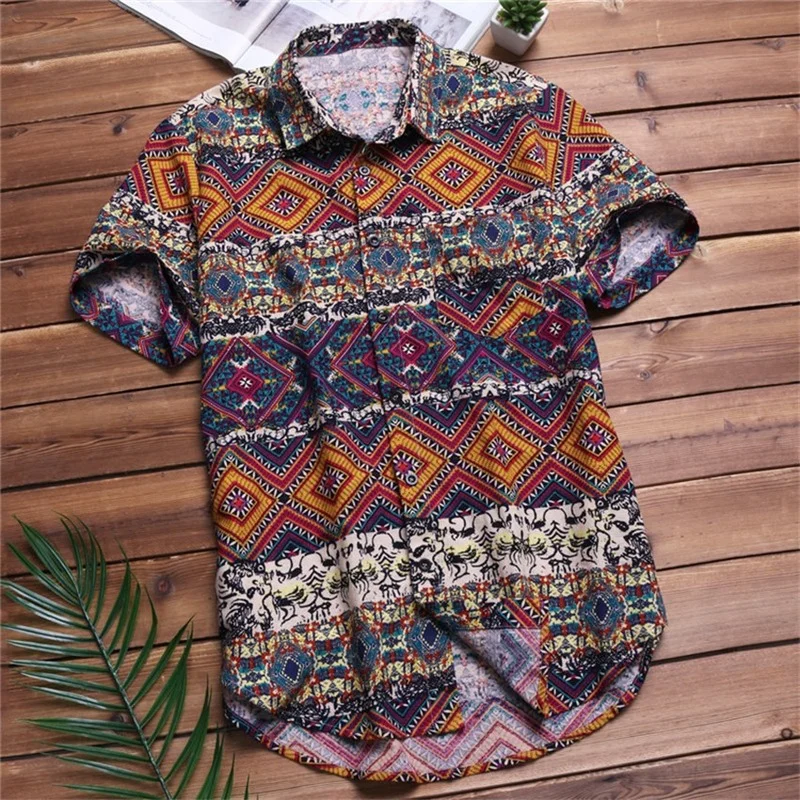 

2021 Men Shirts Short Sleeve Printed Pocket Colorful Casual Blouse Hawaiian Shirt Male Tops Summer Geometric Plus Size Shirts