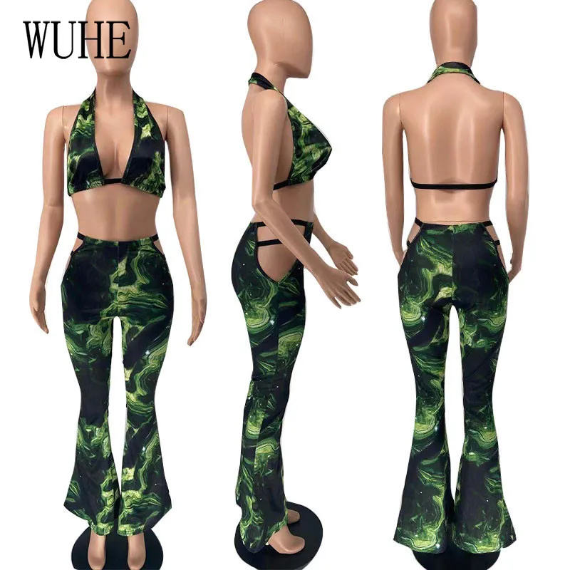 

WUHE Sexy Colorful Print 2 Sets Off Shoulder Sleeveless Halter Top Hollow Out Long Pants Nightclub Party Streetwear Outfits