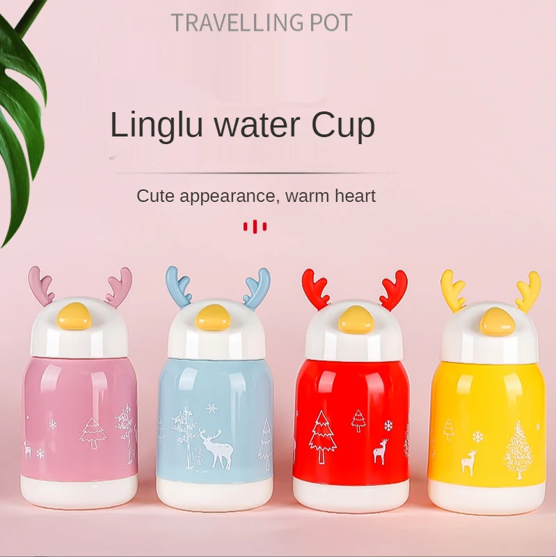 

Small antlers cute water bottle cup glass cartoon can carry double glass water bottle Direct Drinking With Rope bottle