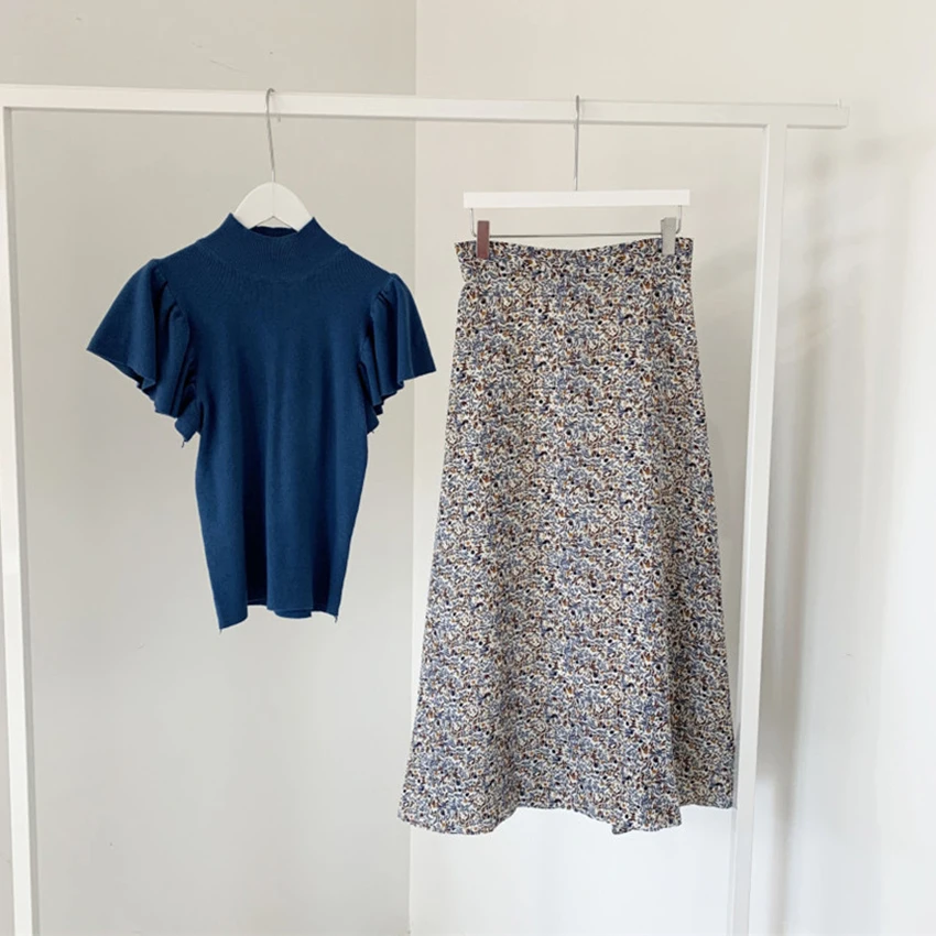 Chic Style 2 Piece Skirt Set Women Puff Sleeve Knitted Tops Floral Print High Waist Skirts Womens Two Korean Fashion | Женская одежда