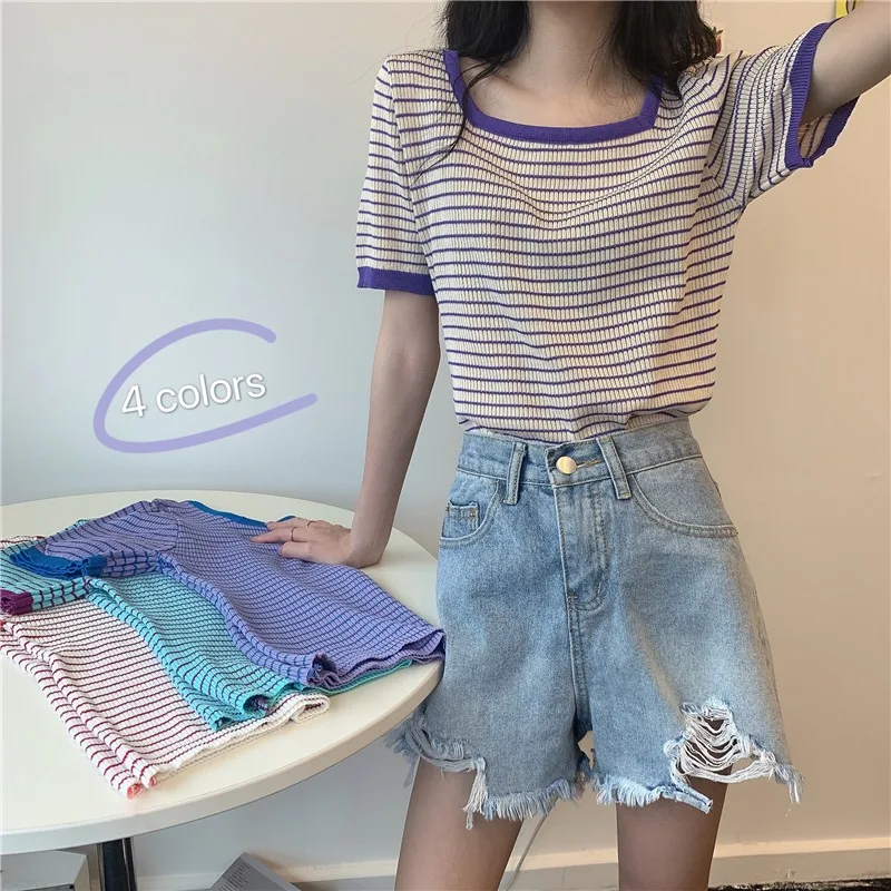 

Women's Short-Sleeved T-shirt Summer 2021 New Striped Contrast Color Square Collar French Style Short Inner Wear Top Women's