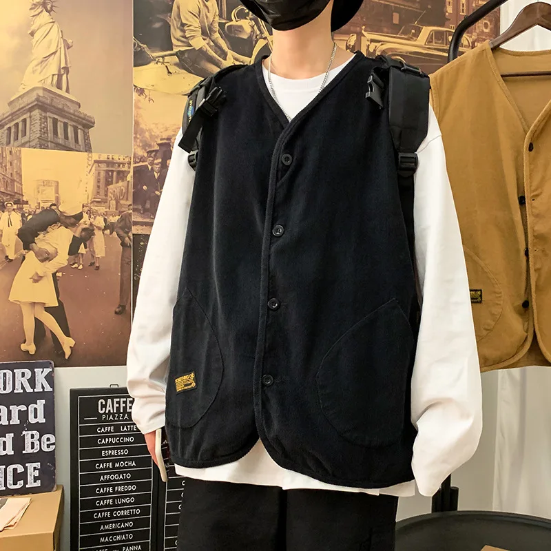

Spring Vest Men's Fashion Retro Solid Color Casual V-neck Vest Jackets Mens Streetwear Wild Loose Gilet Men Large Size M-5XL