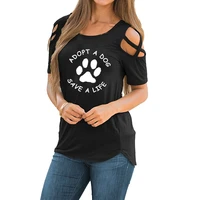 adopt a dog save a life letter print t shirt spring summer mercerized cotton casual perforated shoulder hollow lace up t shirt