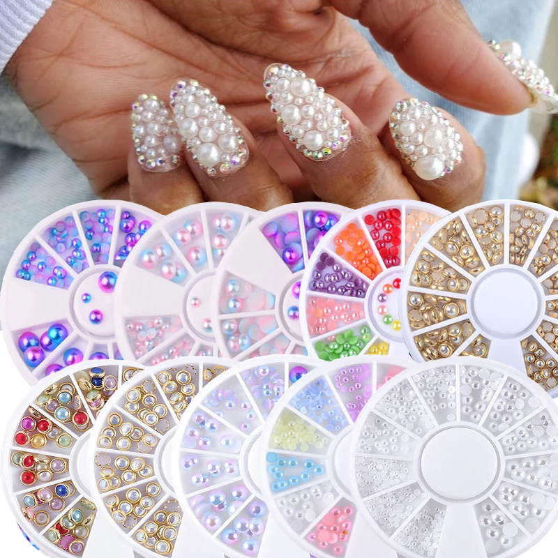 

Mix Size Pearl Nail Art Decoration 8 Style Flatback AB Professionals Designer Metal Edge Beads Studs Manicure Nail Supplies