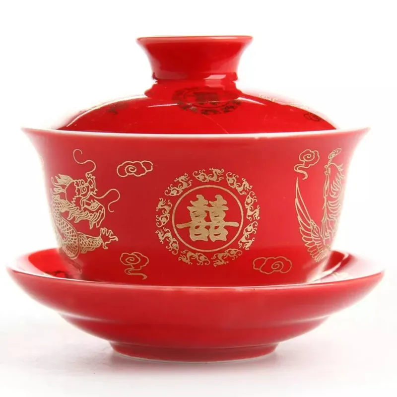 Дракон и феникс свадебный gaiwan чайная чаша китайский красный ted чайная чашка и блюдце набор - Цвет: DP D