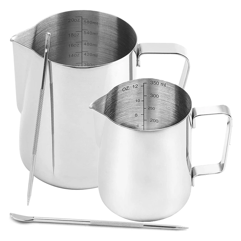 

2 Pack Milk Frothing Pitcher,Stainless Steel Espresso Steaming Pitchers with Measurement Inside,Milk Frother(12OZ&20OZ)