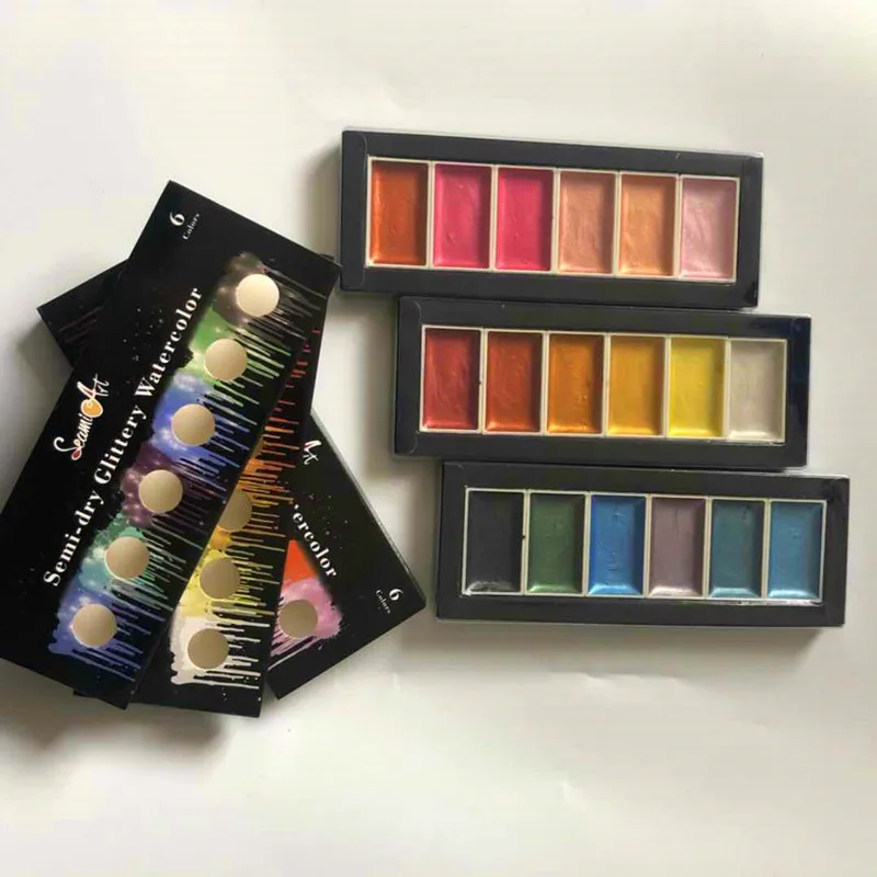 

6Color Watercolor Paint Set for Artist Drawing Glitter Paint Water Color Pan Pigment Art Supplies Metallic Watercolor