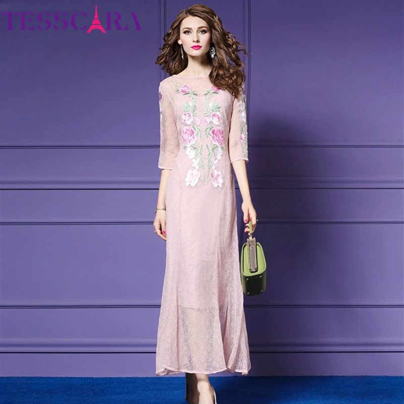 Женское длинное коктейльное платье TESSCARA розовое кружевное с цветочной вышивкой