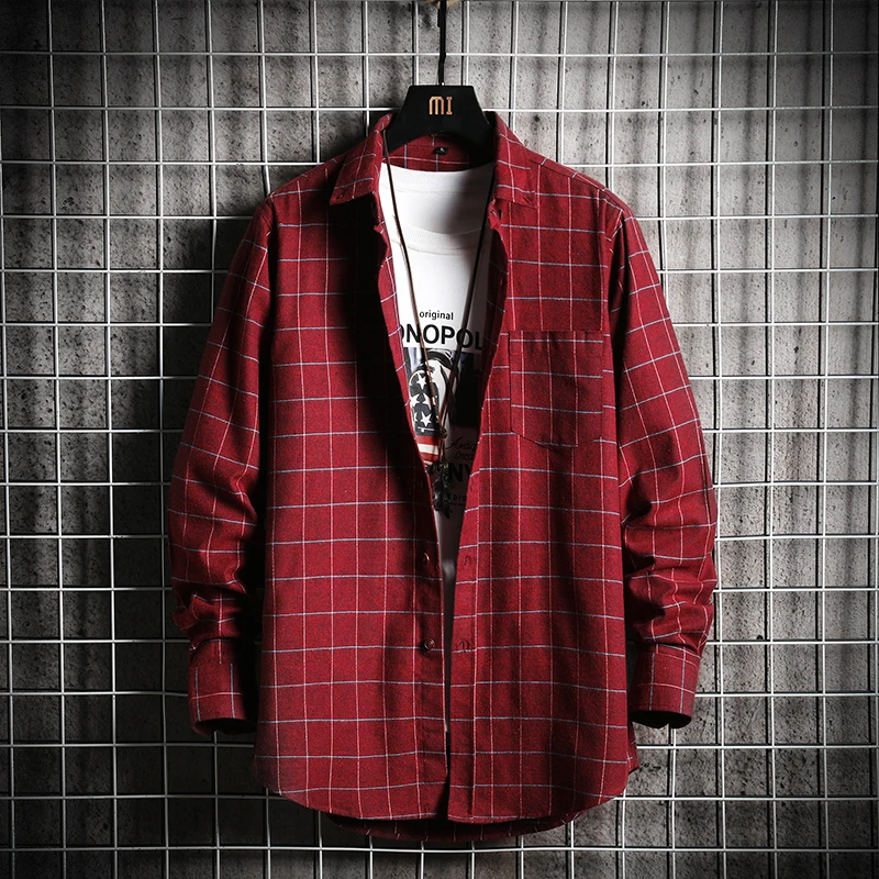 Мужская Повседневная рубашка с отложным воротником модная в клетку длинными