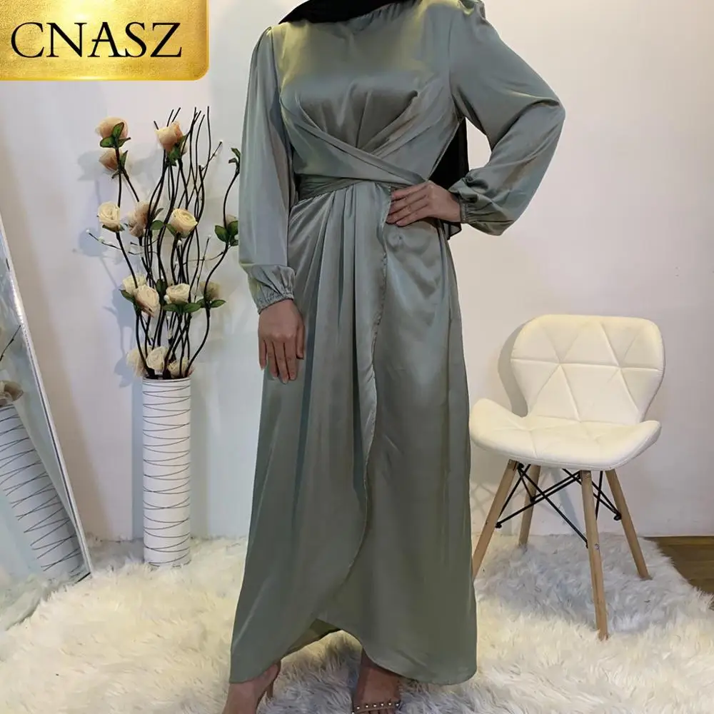 2021 New Muslim Dress Hot selling Design Abaya Clothing For Women Modest Fashion Tie Belt Satin Turkey Middle East | Тематическая