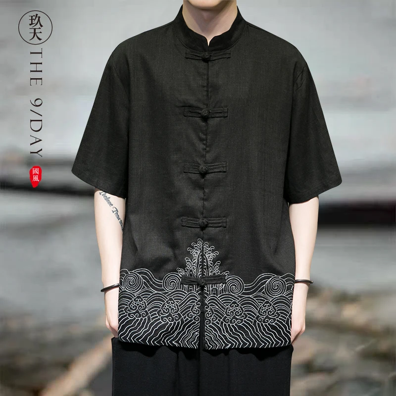 

★hemp embroidery Tang suit Han suit men's wear Chinese style national no iron short sleeve Chinese style button top