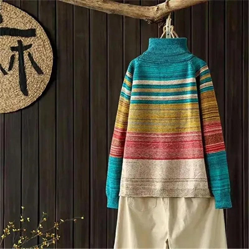 

2021 Winter Women's Striped Turtleneck Pullover Korean Fashion Stitching Retro Long Sleeved Top Ladies Jumper Knitted Sweater