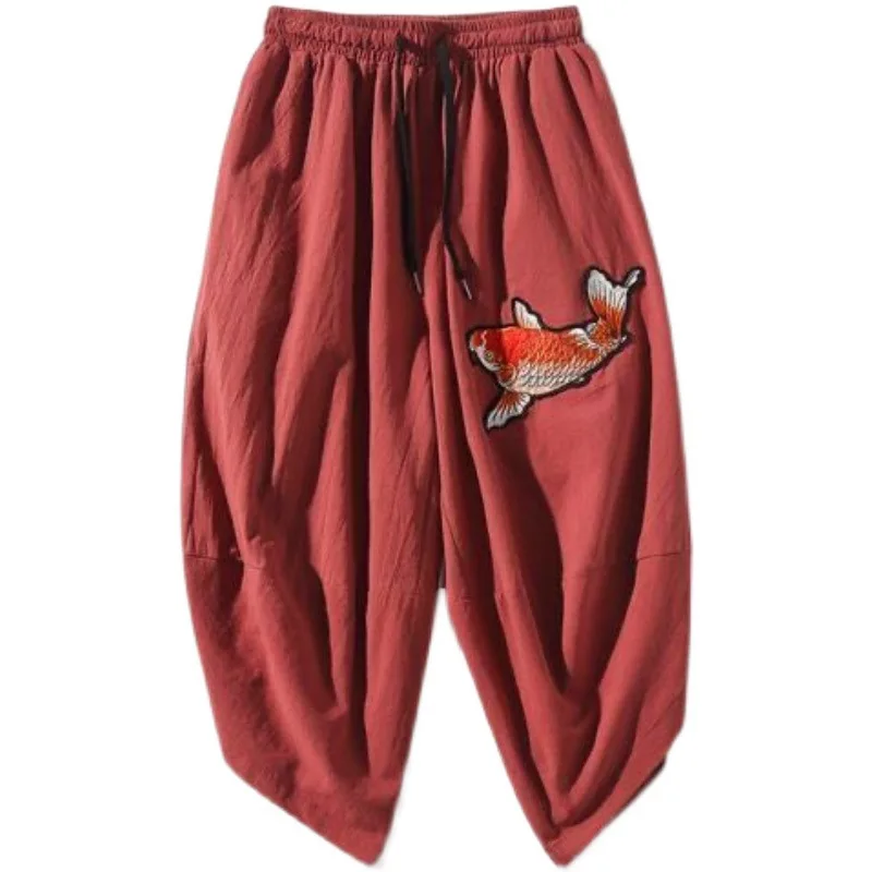Chinese style embroidery linen cropped pants men's cotton and loose casual wide-leg plus size harem men | Мужская одежда