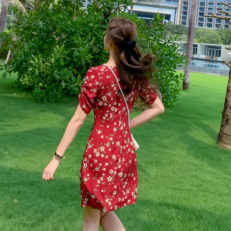 

Floral Burgundy Women Mini Dress Summer 2020 Bohemian Runway Casual Party Dress Vintage Korean Tropical Beach Vacation Dress