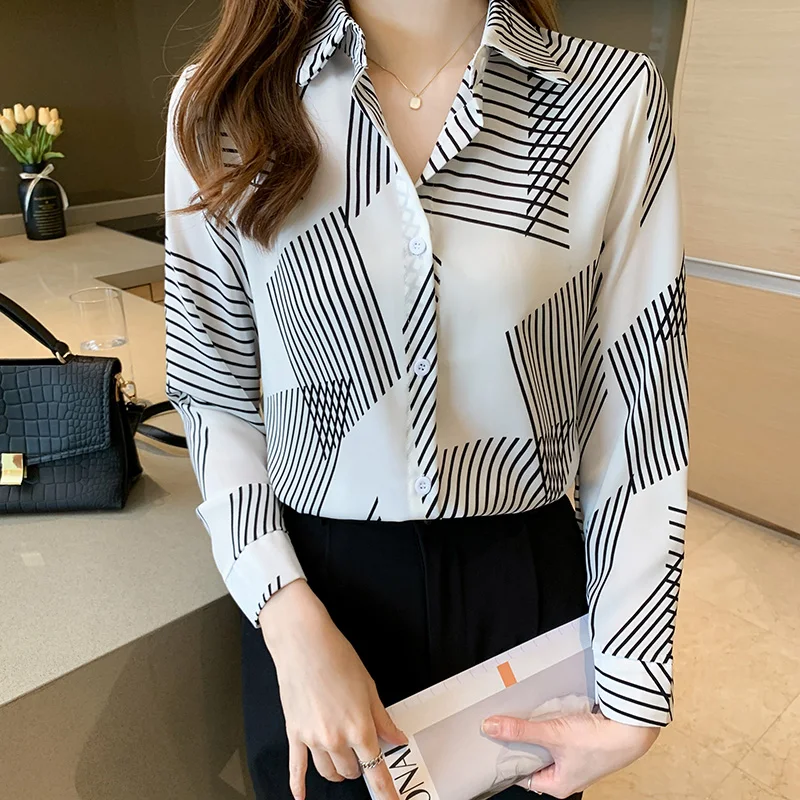 

Autumn French Style Women Shirt Classic Geometric Striped Printed Long Sleeves Shirts Lapel Blouse Tops Office Lady Elegant Top