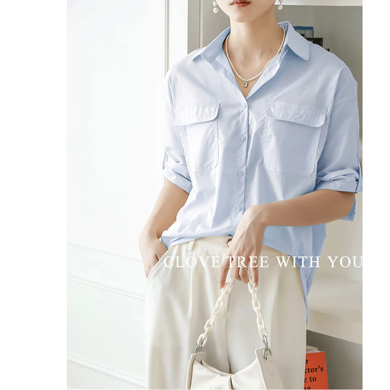

Pockets Short Sleeve Shirt Female Temperament Loose Retro Single-Breasted Solid White Blouse Summer New 2021 Tops Blusas
