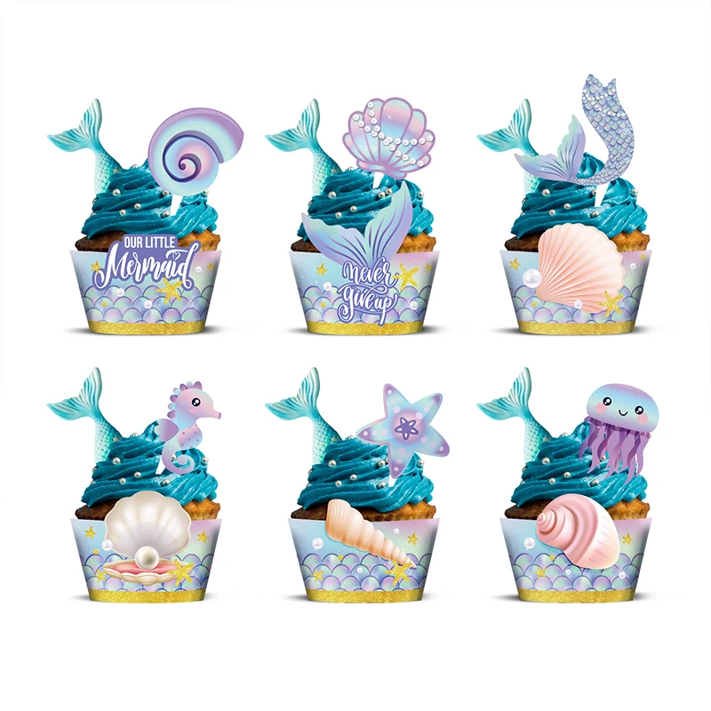 

24pcs Little Mermaid Party Cupcake Topper Wrappers Shell Starfish Cake Decor Under The Sear Birthday Decoration Baby Shower