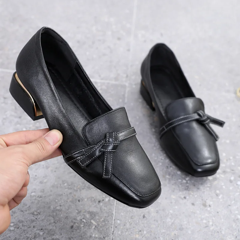 

Bottom Pumps Autumn New Flat Bottom Women's Soft Leather Authentic Leather Low Heel Leather Shoes Shallow Mouth Four Seasons