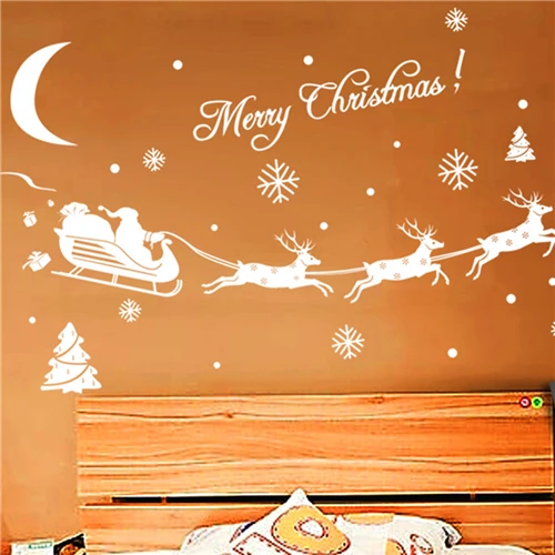 

Merry Christmas Santa Claus Reindeer Snowflakes Wall Stickers For Store Home Decor Diy White Xmas Festival Wall Art Decal