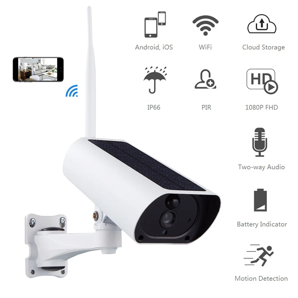 На солнечных батареях 1080P HD WiFi ip-камера Водонепроницаемая Зарядка батарея Камера
