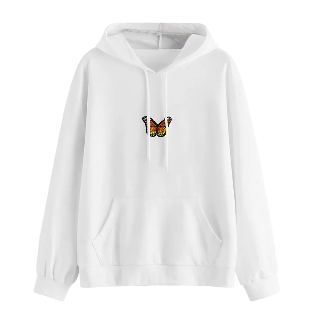 Women Butterfly Sweatshirt Long Sleeve Pocket Pullover Hoodie Tunic Top Blouse Las Mujeres Sweetshirts Спортивный Костюм Женск