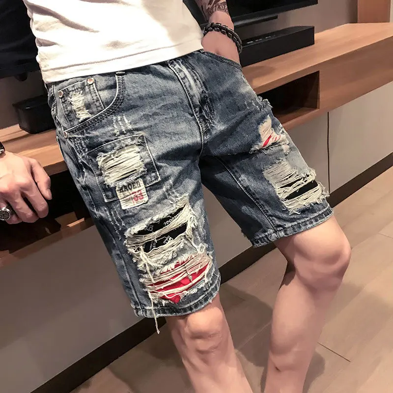 

Summer tide brand denim shorts men's trend all-match casual pants social spirit guy self-cultivation ripped five-point pants