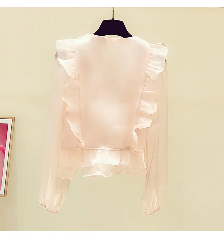 

Blusas Mujer 2021 Spring New Plain Lapel Sequined Ruffled Long Sleeve Drill Buckle Shirt Women's Waist-Tight Slimming Blouse Top