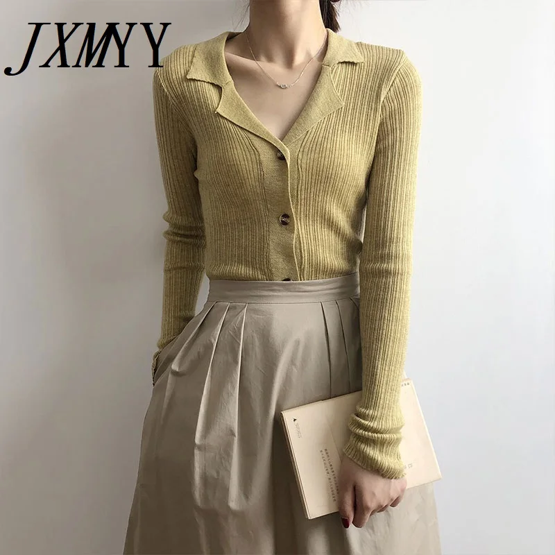 

JXMYY Fall 2021 New Fashion Solid Color Suit Collar Long Sleeve Bottoming Shirt Slimming Knitted Sweater Cardigan Women