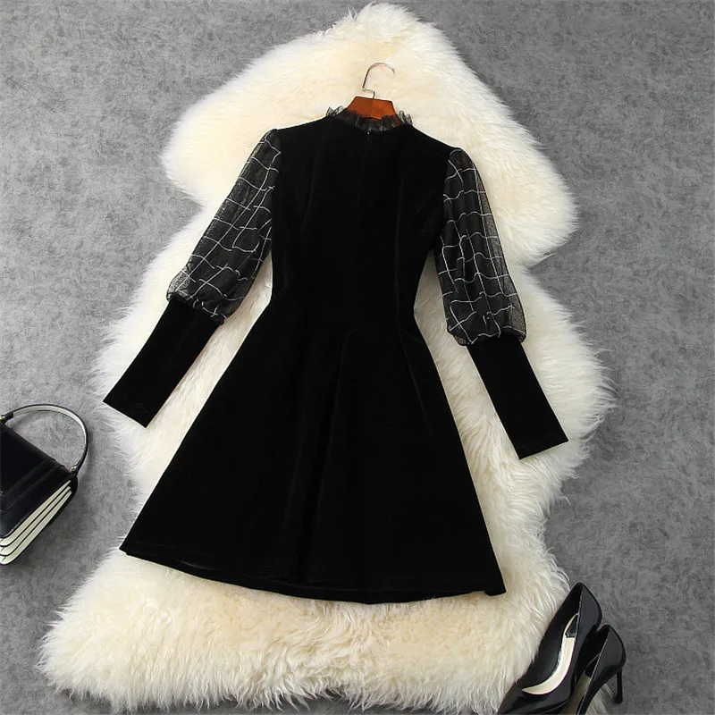 

Fashion Puff Sleeve Bowknot Plaid Mesh Patchwork Velvet Dress Spring Womens Clothing Female Aline Vintage Vestidos Party Festa