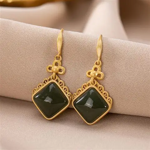 

Original S925 Sterling Silver Ancient Gold Hetian Jade High-End Versatile Court Minimalism Fashion Women's Earrings Eardrop Earr