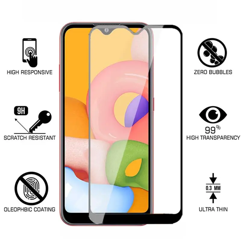 Protector de pantalla de vidrio templado para Samsung Galaxy A01 A01 A015F/DS, pel&iacute;cula de borde curvado 3D, 2 uds.-2