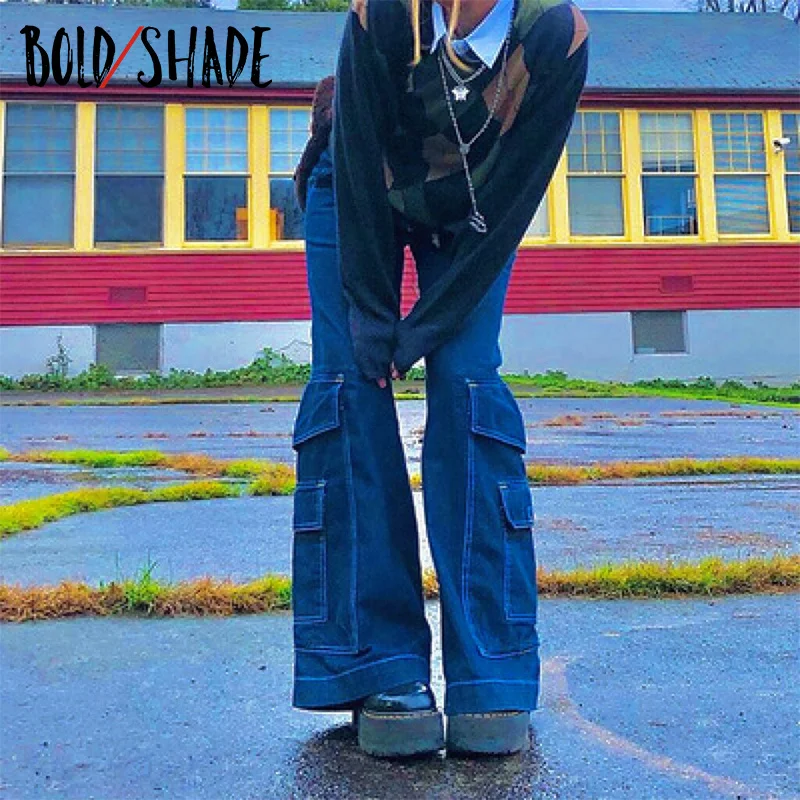 

Bold Shade Street Style Indie Boyfriend Baggy Pants 90s Vintage Pockets Wide Legs Jeans Unicolor Women High Waist Trousers Fall