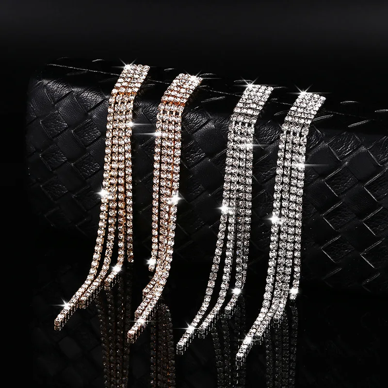 New Luxury Rhinestone Crystal Long Tassel Earrings for Women Bridal Drop Dangling Earrings Party Wedding Jewelry Gifts rhinestone pearl earrings for women gold hollow tassel drop statement earrings wedding party fashion jewelry