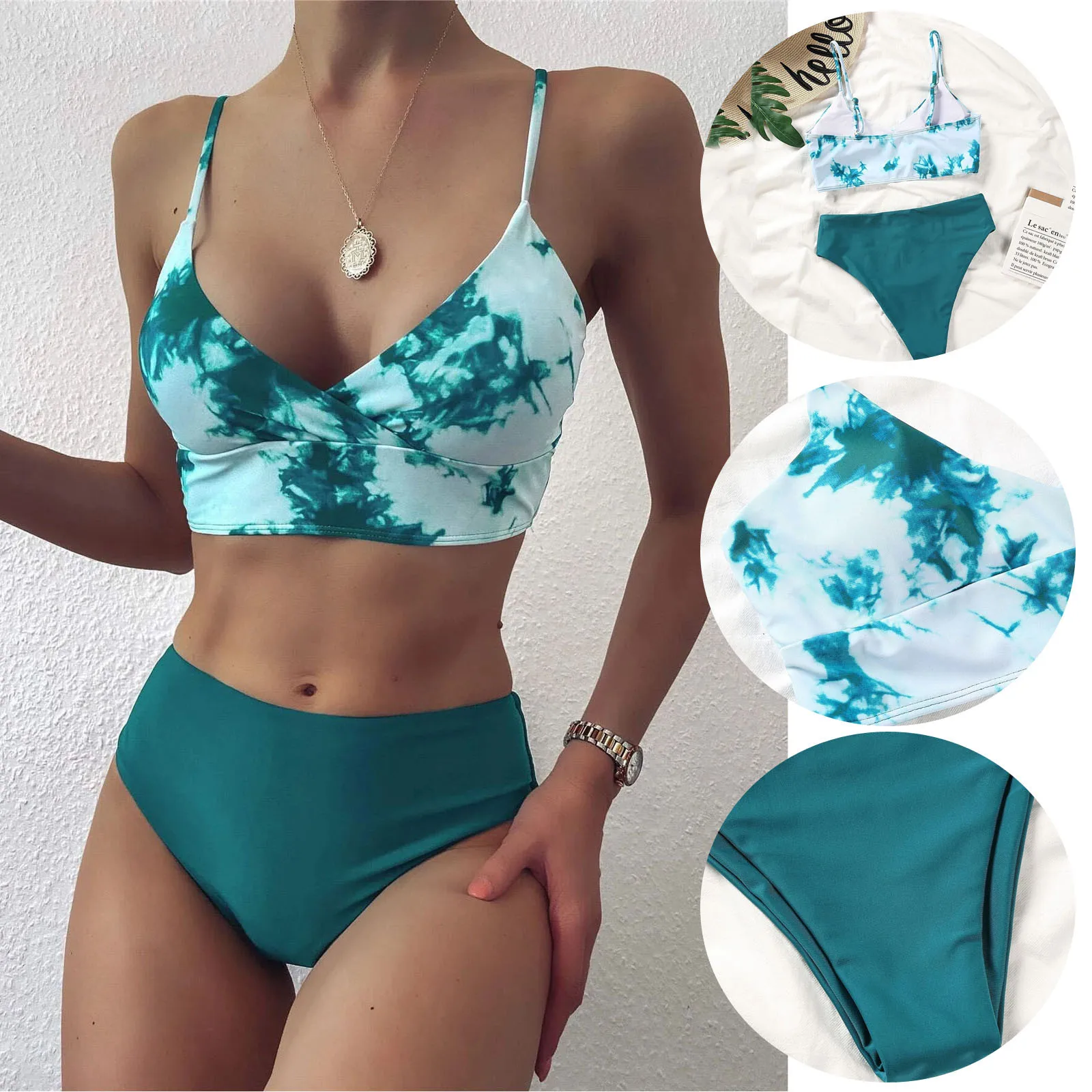 

2021Women Swimsuit Ladies Sexy Fashion Green Color Matching Tie-dye Bandeau Bandage Bikini Set Push-Up Swimwear Beachwear