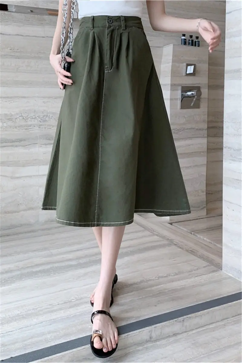 

2021 New Spring Summer Thin Skirt Female High Waist Plus Size 5XL Loose Mid-length Student Casual Solid Color A-Line Skirt aq103