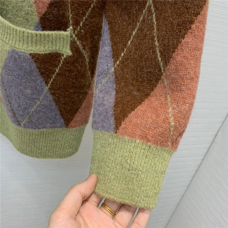 

Women Casual for 2021 Autumn Winter New Diamond Color Matching V-neck Long Sleeve Knitted Sweater Cardigan Coat