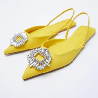 2021summer new yellow single shoes women brethable fashion pointed toe flat sexy rhinestone stiletto muller sandals and slippers
