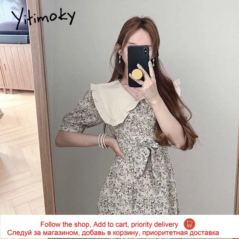 

Yitimoky Vintage Woman Dress Lace Up Big Turn-down Collar Puff Sleeve Summer Fashion Korean Floral Printing Chiffon Dresses