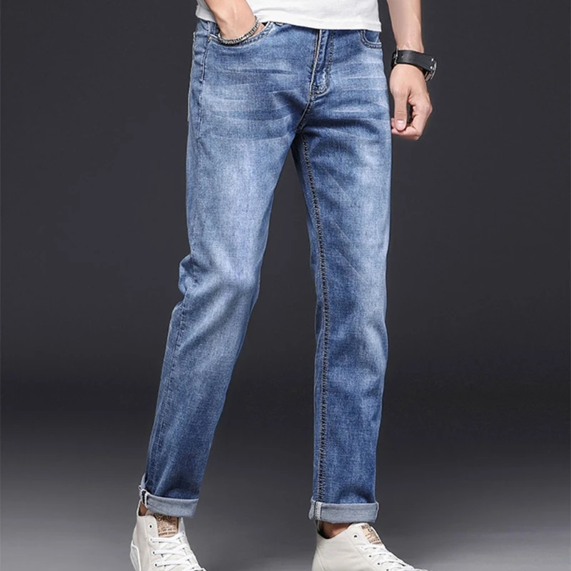 

K3NF Mens Summer Thin Casual Jeans Vintage Washed Relaxed Fit Stylish Denim Pants Classic 5-Pocket Straight Leg Long Trousers