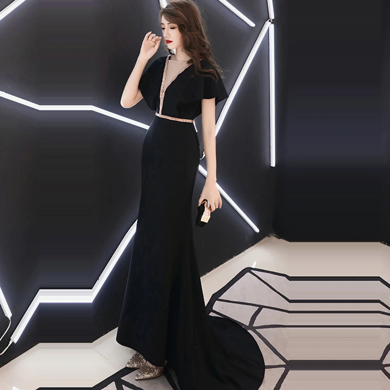 Вечернее платье Soild v-образным вырезом с коротким рукавом Robe De Soiree в пол, со стразами женские вечерние платья с открытой спиной F159