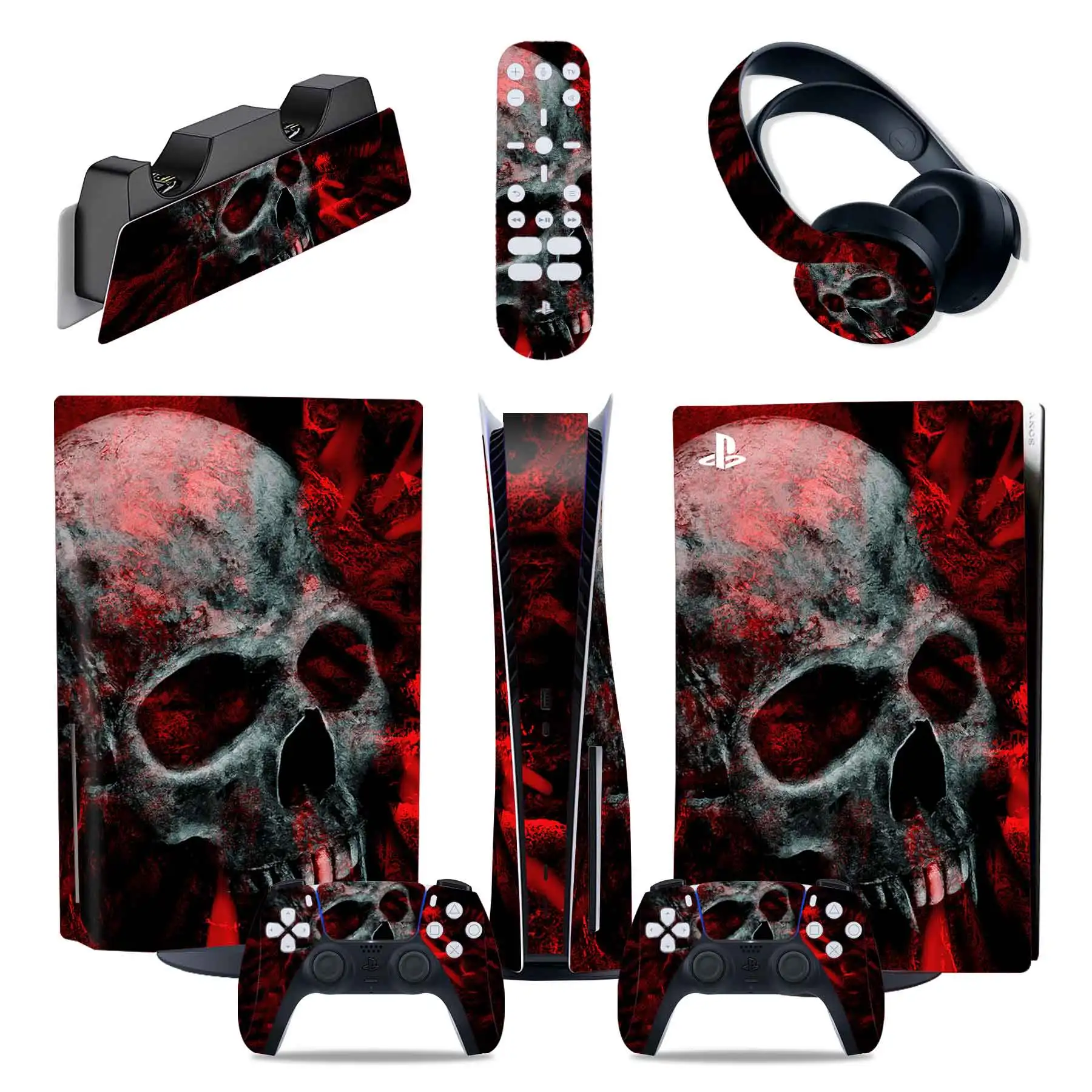 

PS5 disc Skin Stickers Decal Full Body Vinyl Cover for Playstation 5 Console and Controllers (Digital Edition, red Skull) #0137