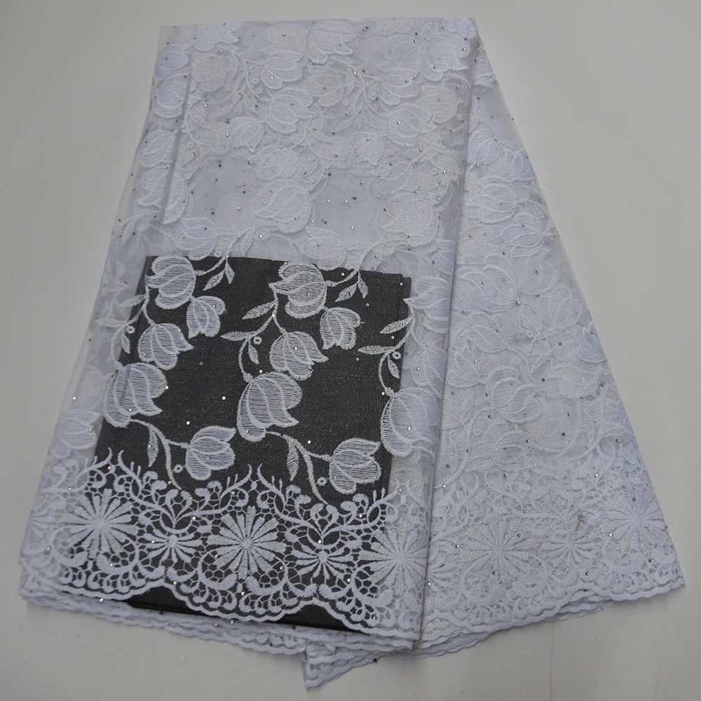 

Wholesale Price White African French Net Mesh Tulle Lace Fabric With Stones For Wedding Party Dress Sewing