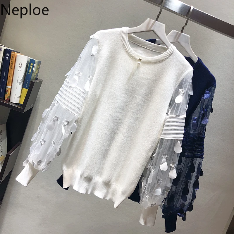 Neople Korean Sexy Mesh Patchwork Lantern Sleeve Knit Sweater Women Vintage Loose Bead Pullover Sweet Pull Femme Hiver 46037 | Женская