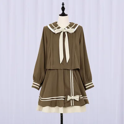 

Japanese college student jk uniform sweet lolita set retro peter pan colalr bowknot lolita top+skirt kawaii girl two pieces set