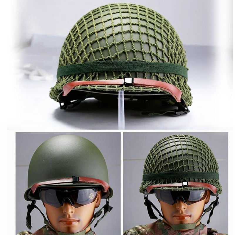 Replica WW2 US M1 Helmet Steel Field Green with Net Cover Eye Belt Reproduction