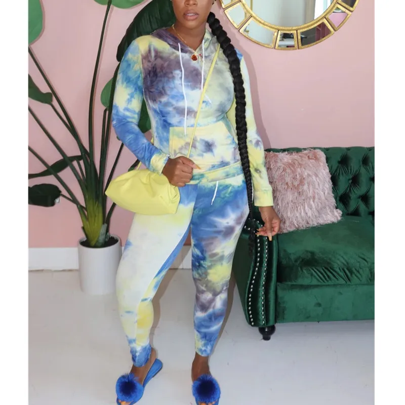 

hirigin Two Piece Set Tracksuit Women Tie Dye Hooded Long Sleeve Top And Pants Casual Slim Pocket Plus Size Outfits Streetwear