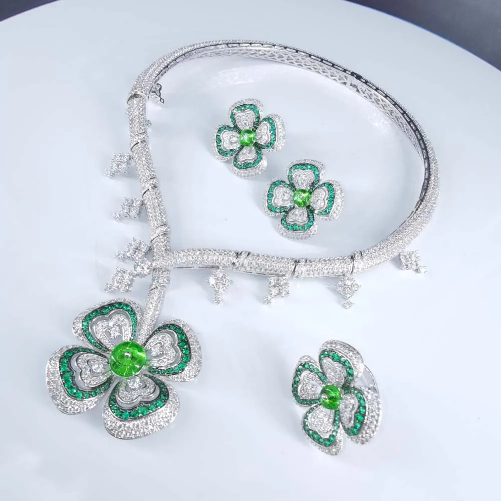 Комплект украшений, кольцо, зеленый, ожерелье и сережки в виде цветка
