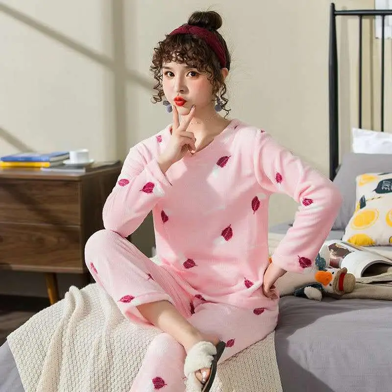 

Fashion Women Casual Thick Flannel Long-Sleeved Trousers Round Neck Pajamas Set 2/pce Set